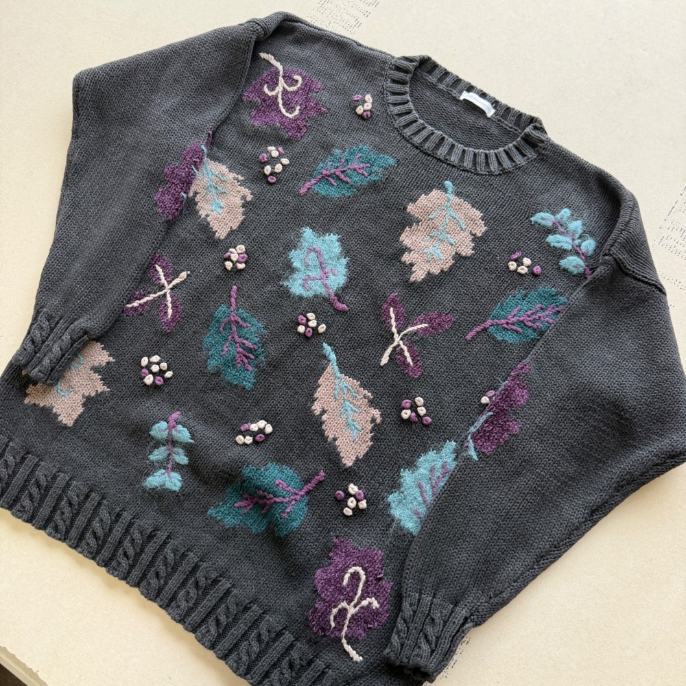 Vintage Hand Embroidered Leaf Knit Sweater